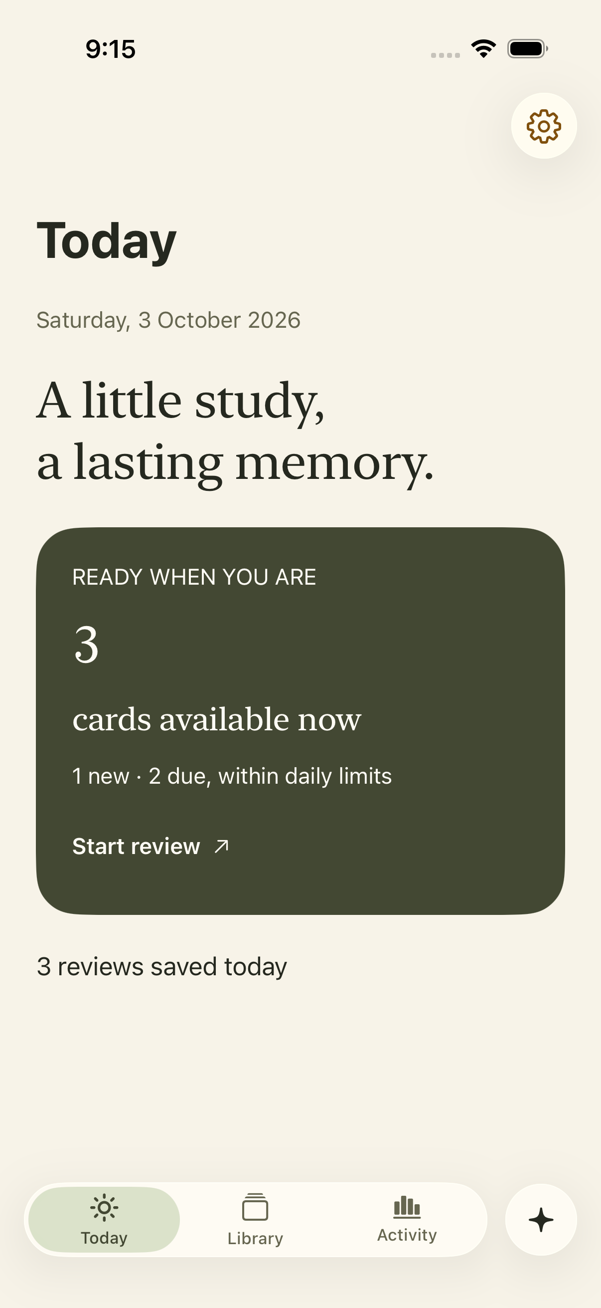 Engram Today screen with three cards ready to review and the message A little study, a lasting memory.